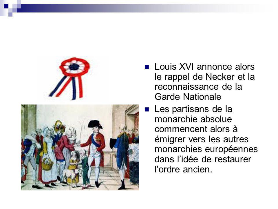 Louis XVI annonce alors le rappel de Necker et la reconnaissance de la Garde Nationale