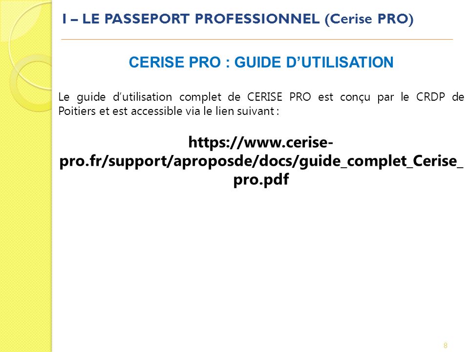 I – LE PASSEPORT PROFESSIONNEL (Cerise PRO)