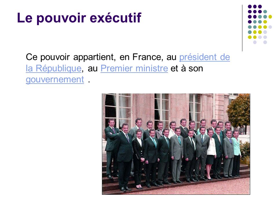Le pouvoir exécutif Ce pouvoir appartient, en France, au président de la République, au Premier ministre et à son gouvernement .