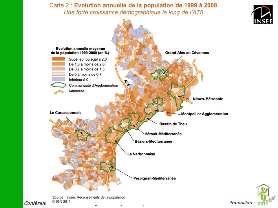 Les taches rouges foncés sont les communes où la population a augmenté le + entre 1999 et Les tâches claires inversement correspondent à une faible croissance. Le bleu correspond à des baisses de population.