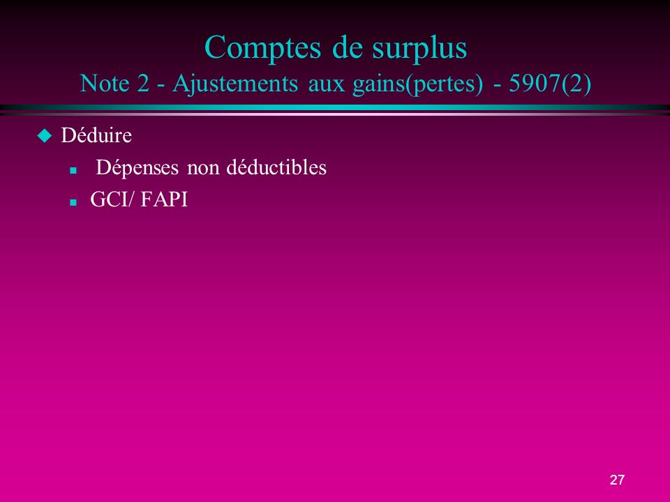 Comptes de surplus Note 2 - Ajustements aux gains(pertes) (2)