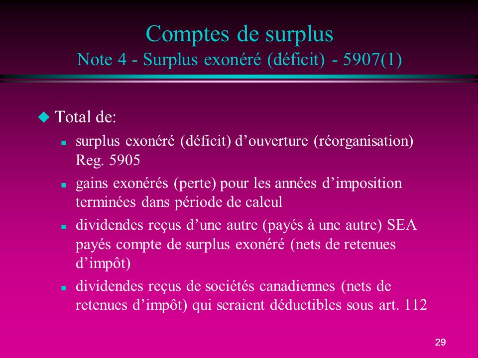 Comptes de surplus Note 4 - Surplus exonéré (déficit) (1)