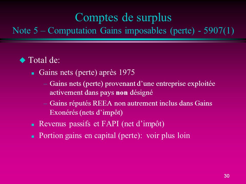 Comptes de surplus Note 5 – Computation Gains imposables (perte) (1)