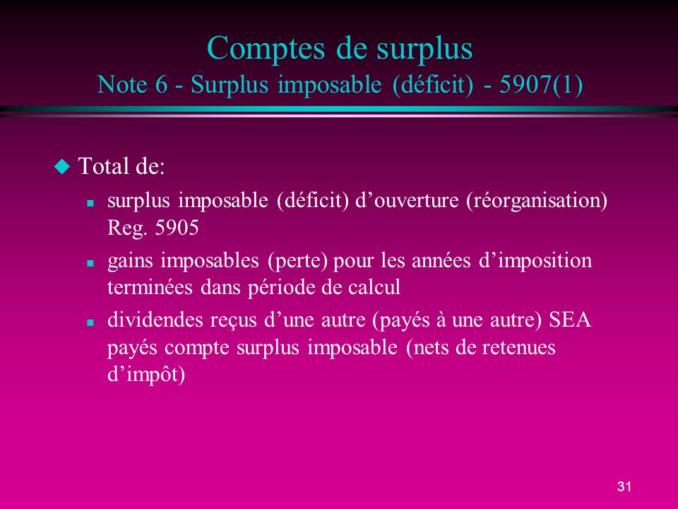 Comptes de surplus Note 6 - Surplus imposable (déficit) (1)