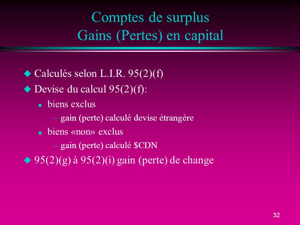Comptes de surplus Gains (Pertes) en capital