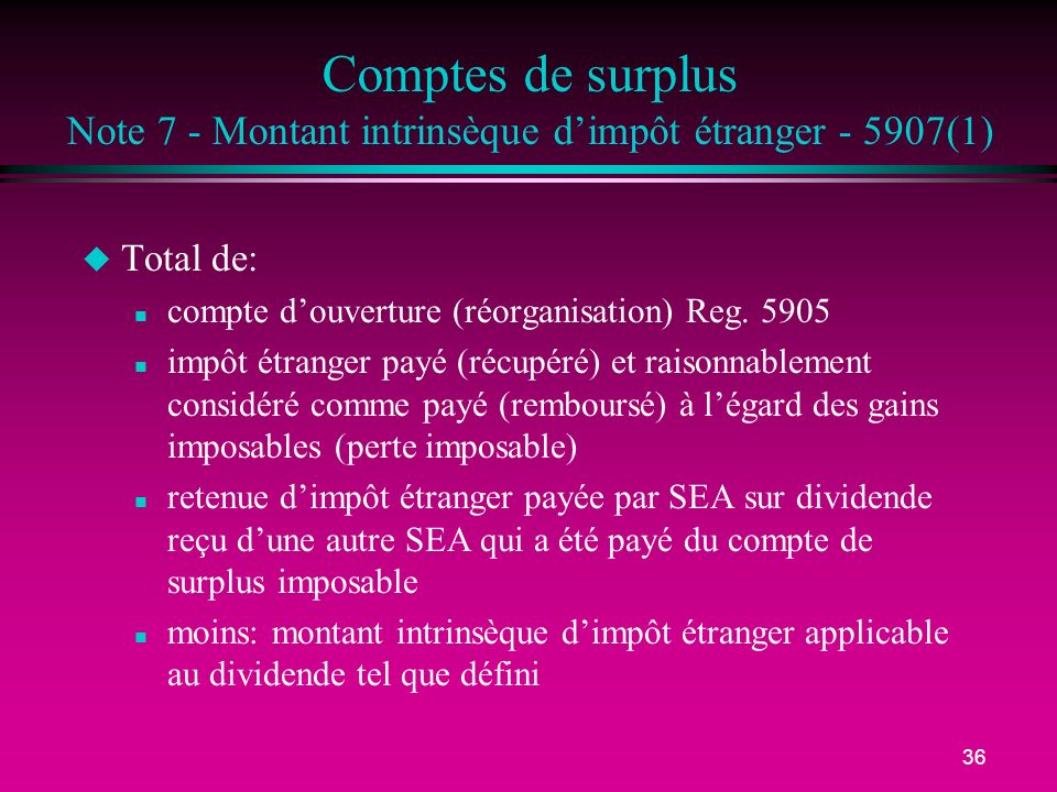 Comptes de surplus Note 7 - Montant intrinsèque d’impôt étranger (1)