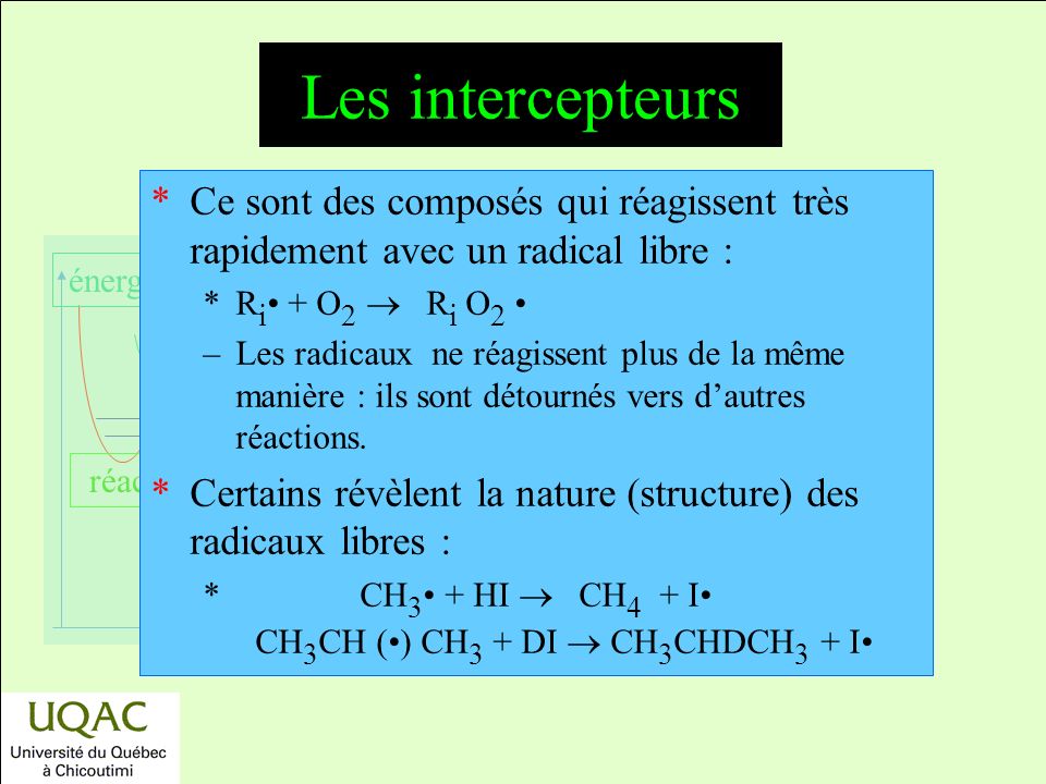 Les intercepteurs Ce sont des composés qui réagissent très rapidement avec un radical libre : Ri• + O2  Ri O2 •
