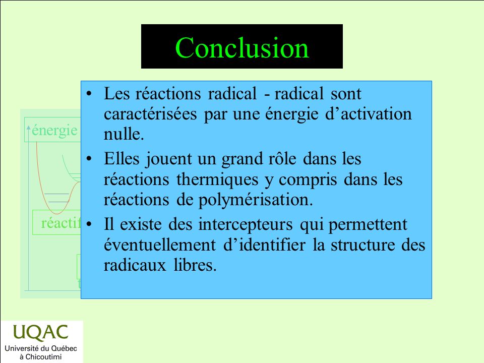 Conclusion Les réactions radical - radical sont caractérisées par une énergie d’activation nulle.