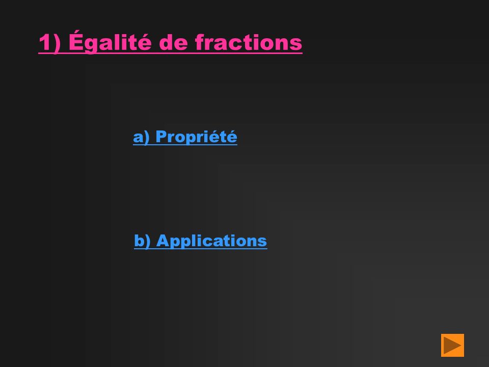 1) Égalité de fractions a) Propriété b) Applications
