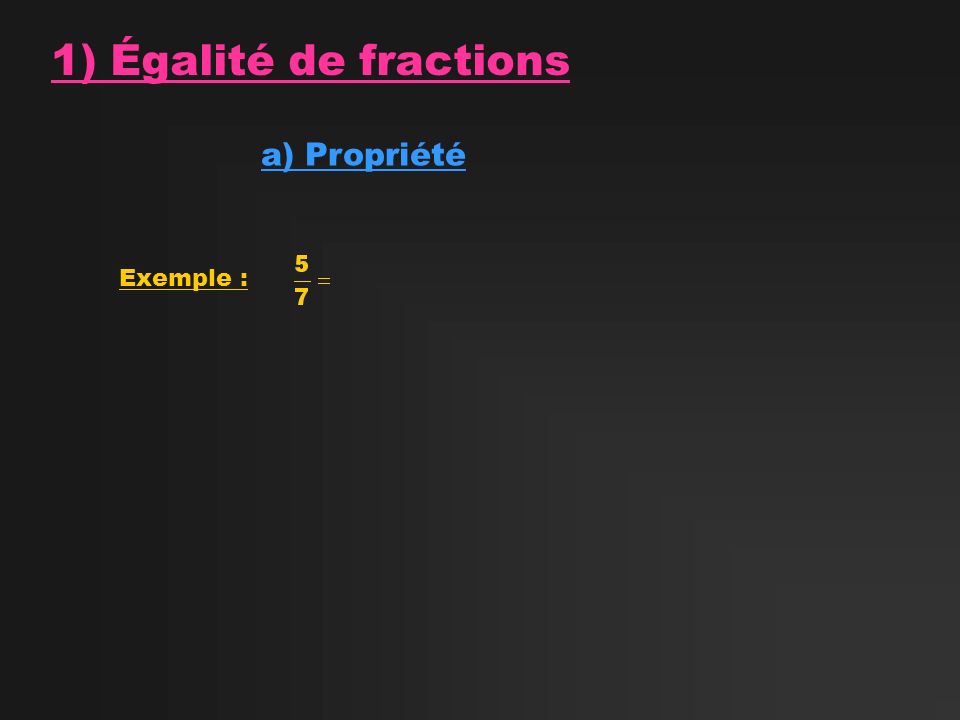 1) Égalité de fractions a) Propriété Exemple :