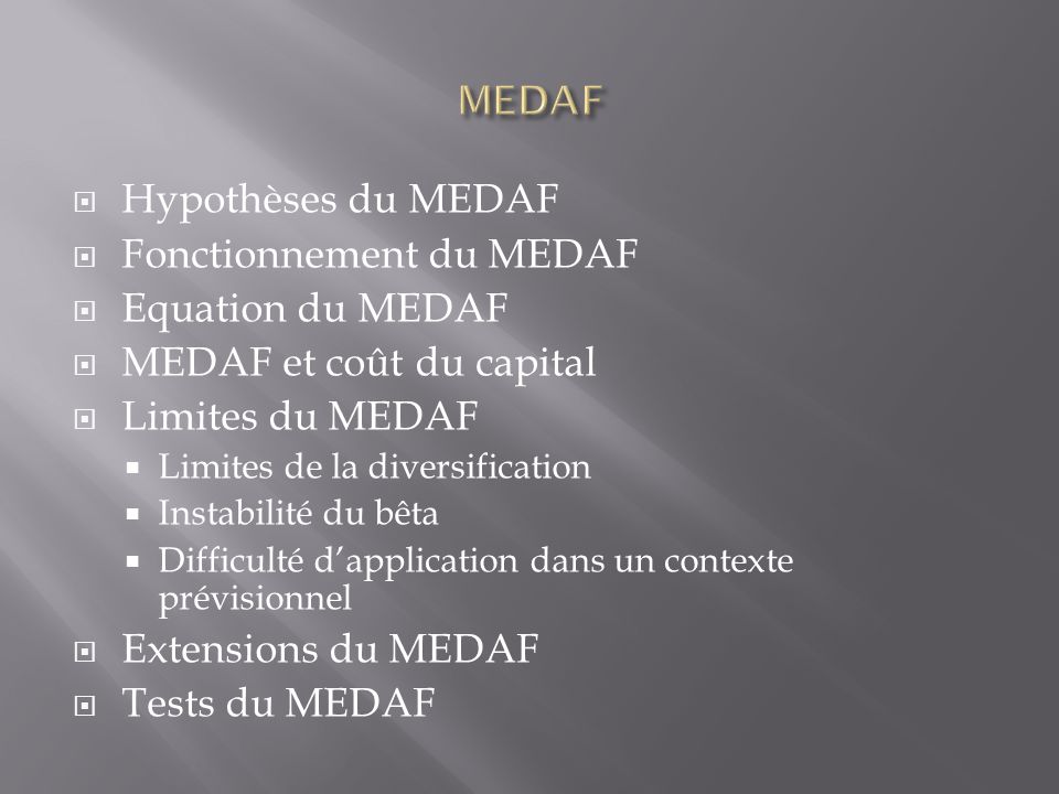 Fonctionnement du MEDAF Equation du MEDAF MEDAF et coût du capital