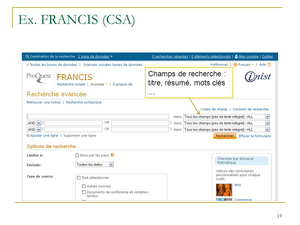 Ex. FRANCIS (CSA) Champs de recherche : titre, résumé, mots clés …