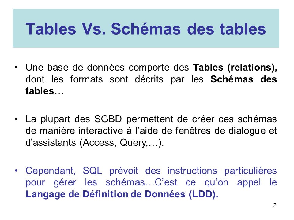 Tables Vs. Schémas des tables
