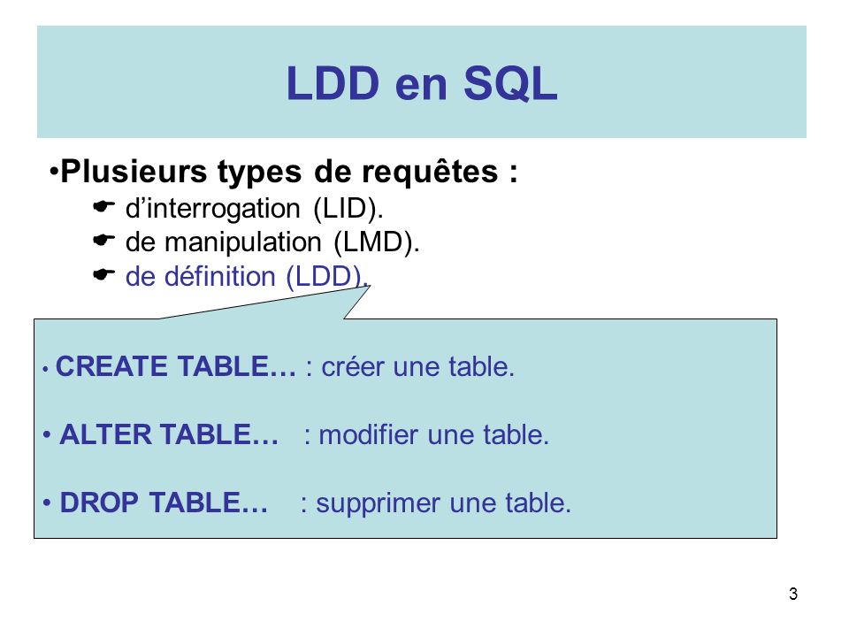 LDD en SQL Plusieurs types de requêtes : d’interrogation (LID).