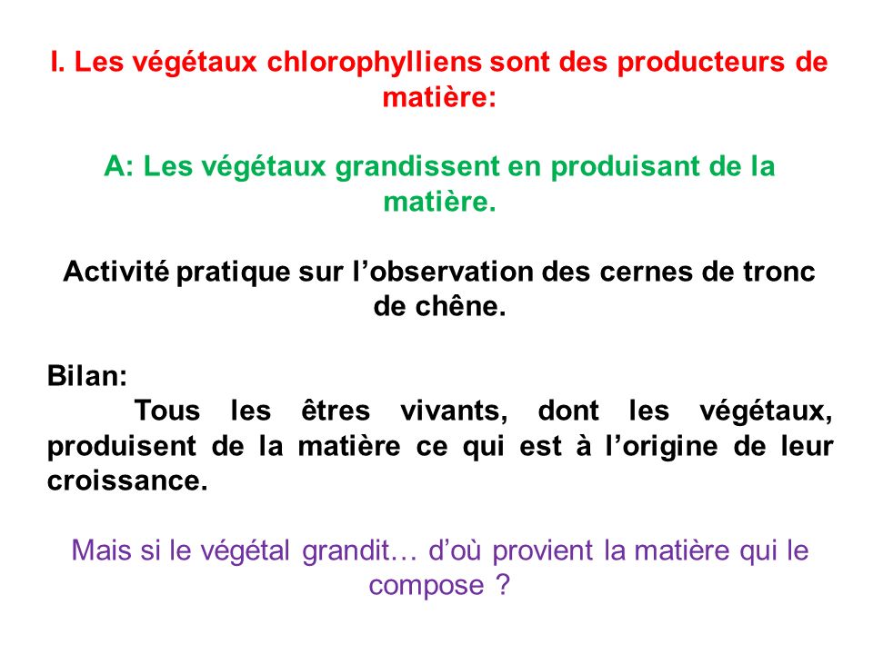 I. Les végétaux chlorophylliens sont des producteurs de matière: