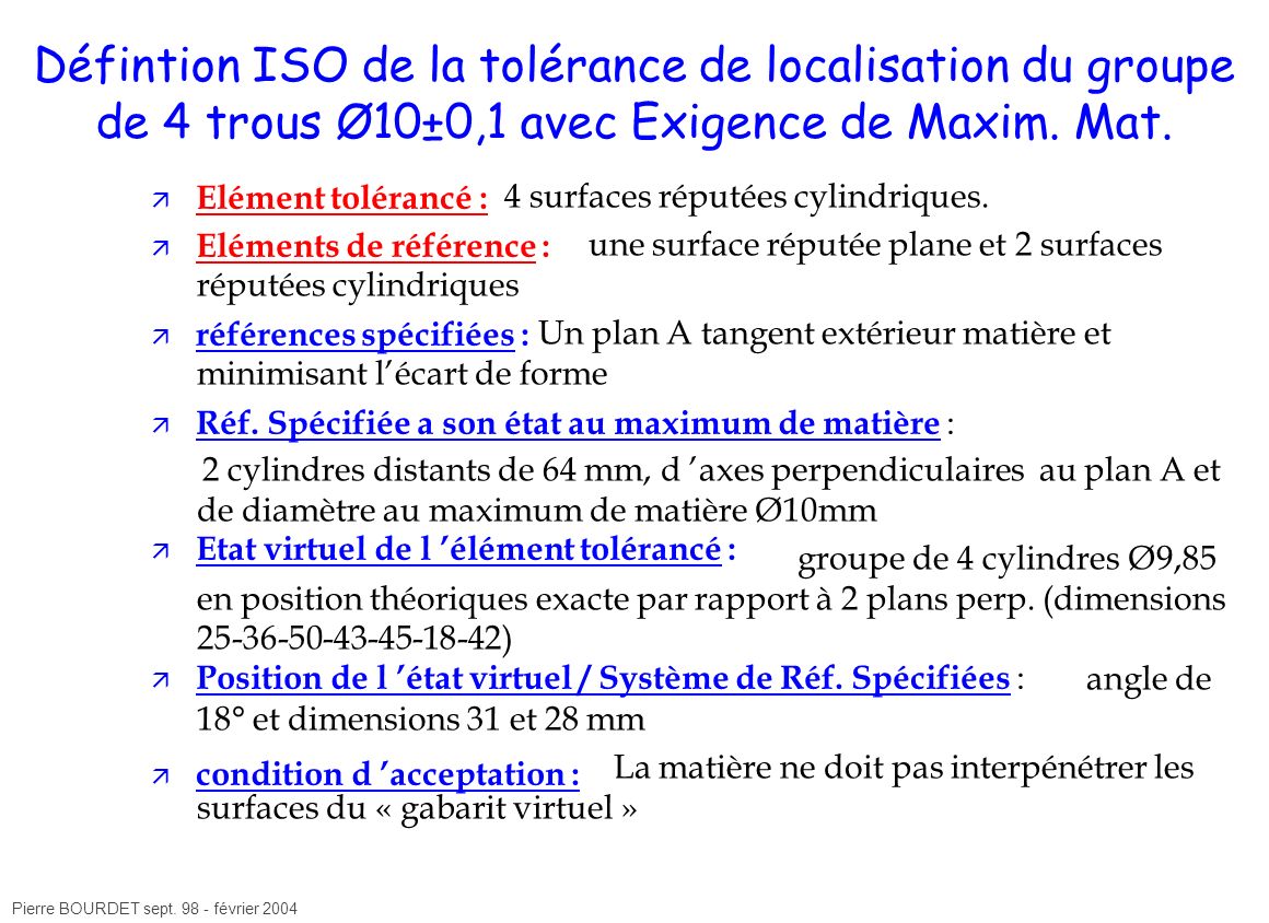 Défintion ISO de la tolérance de localisation du groupe de 4 trous Ø10±0,1 avec Exigence de Maxim. Mat.