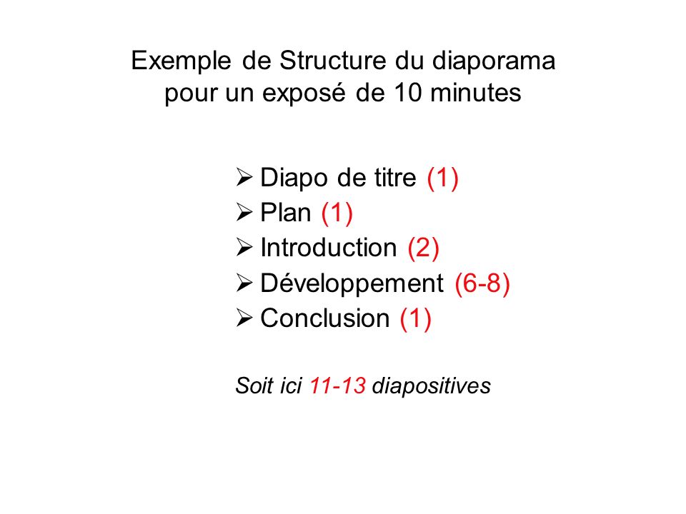 Exemple de Structure du diaporama pour un exposé de 10 minutes