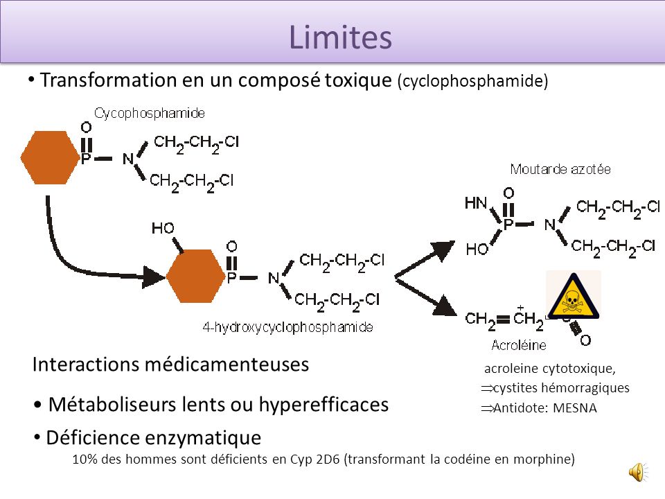 Limites Transformation en un composé toxique (cyclophosphamide)