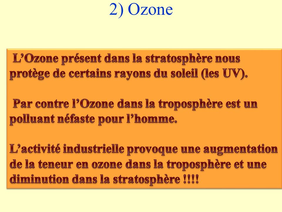 2) Ozone L’Ozone présent dans la stratosphère nous protège de certains rayons du soleil (les UV).