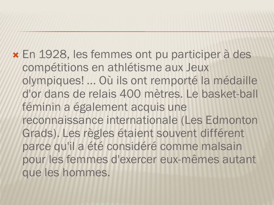 En 1928, les femmes ont pu participer à des compétitions en athlétisme aux Jeux olympiques.