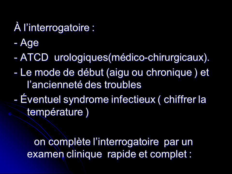 À l’interrogatoire : - Age. - ATCD urologiques(médico-chirurgicaux). - Le mode de début (aigu ou chronique ) et l’ancienneté des troubles.