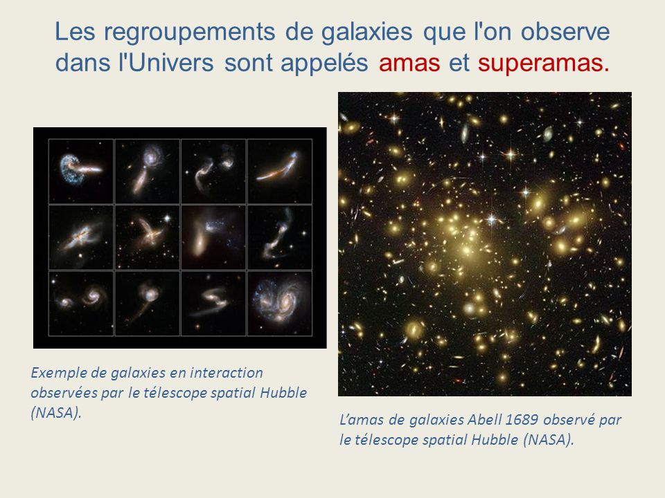 Les regroupements de galaxies que l on observe dans l Univers sont appelés amas et superamas.