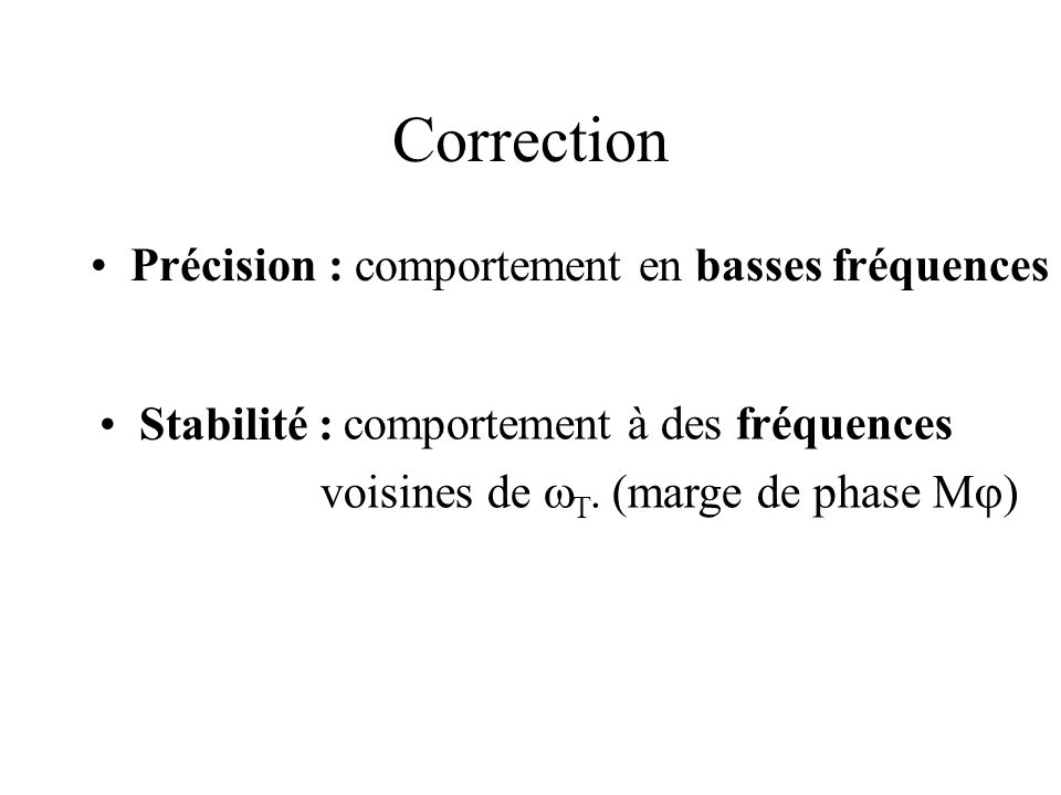 Correction Précision : comportement en basses fréquences Stabilité :