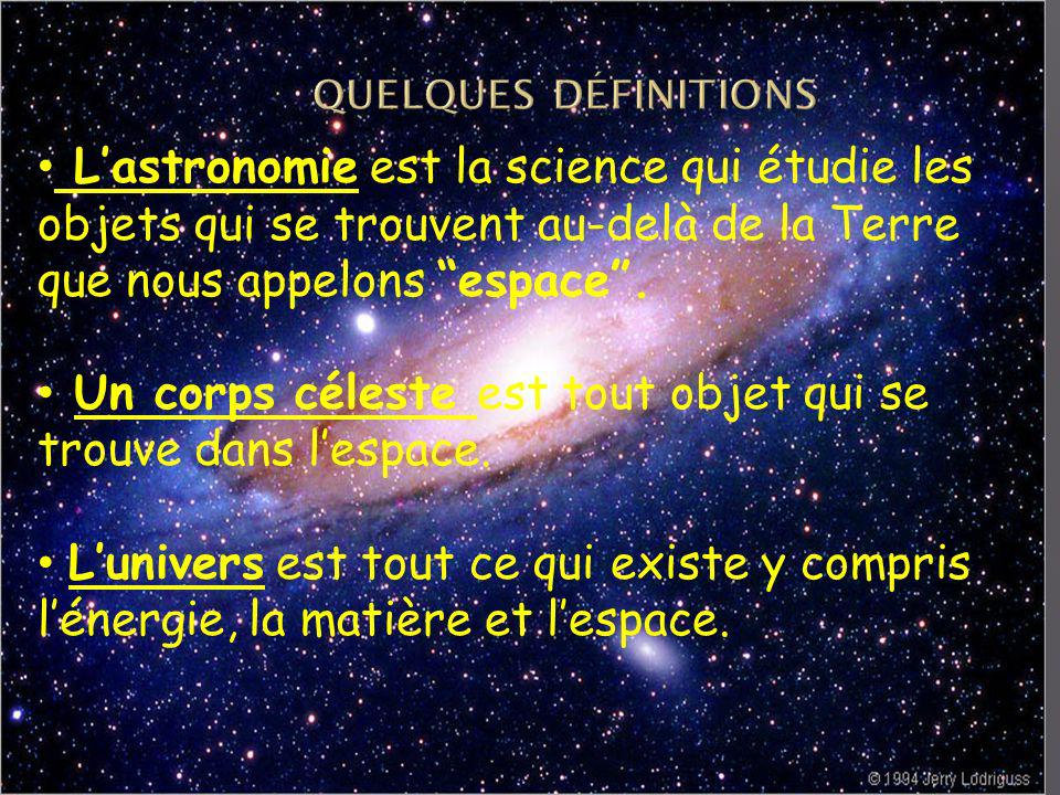 quelques définitions L’astronomie est la science qui étudie les objets qui se trouvent au-delà de la Terre que nous appelons espace .