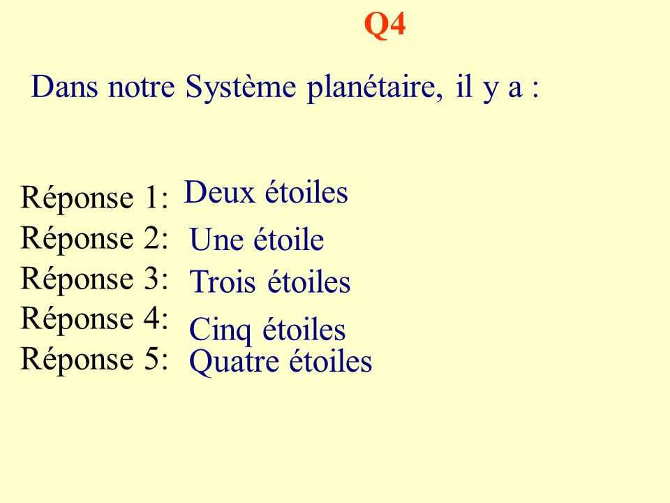 Q4 Dans notre Système planétaire, il y a : Deux étoiles. Réponse 1: Réponse 2: Réponse 3: Réponse 4: