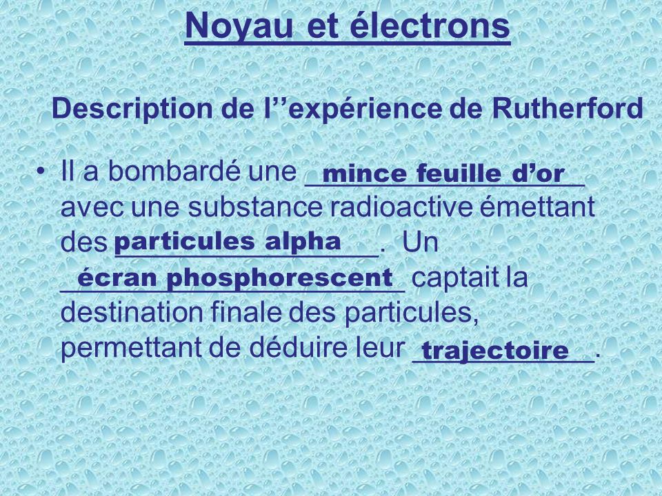 Noyau et électrons Description de l’’expérience de Rutherford