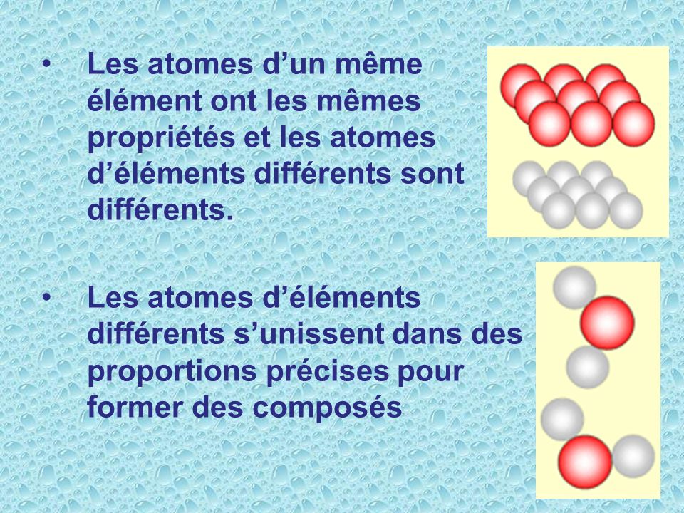 Les atomes d’un même élément ont les mêmes propriétés et les atomes d’éléments différents sont différents.