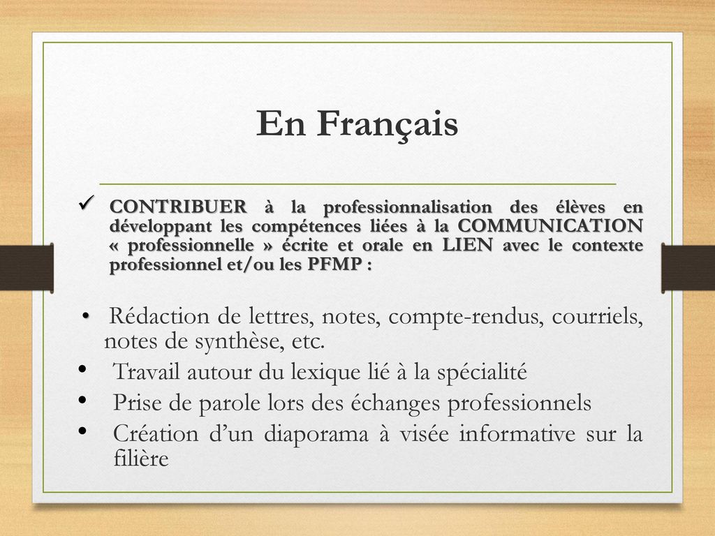 En Français Travail autour du lexique lié à la spécialité
