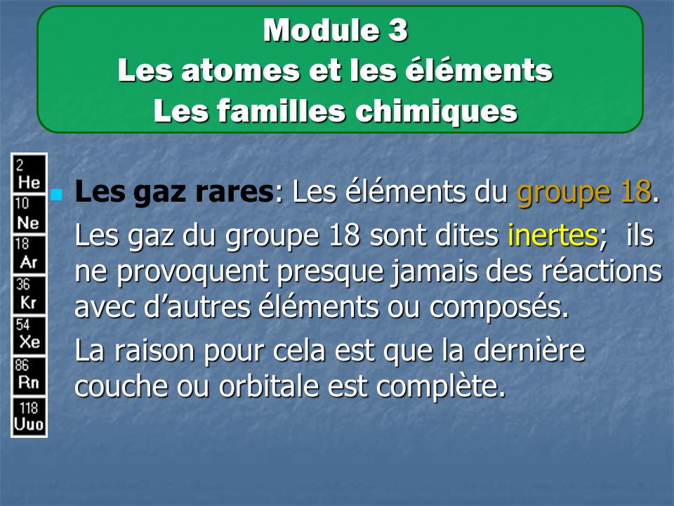 Module 3 Les atomes et les éléments Les familles chimiques