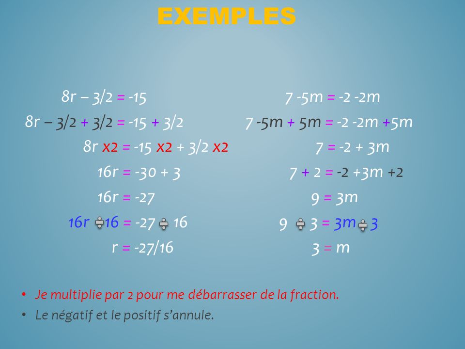 Exemples 8r – 3/2 = m = -2 -2m. 8r – 3/2 + 3/2 = /2 7 -5m + 5m = -2 -2m +5m.