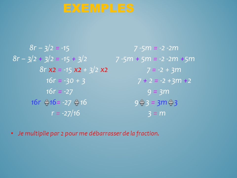 Exemples 8r – 3/2 = m = -2 -2m. 8r – 3/2 + 3/2 = /2 7 -5m + 5m = -2 -2m +5m.