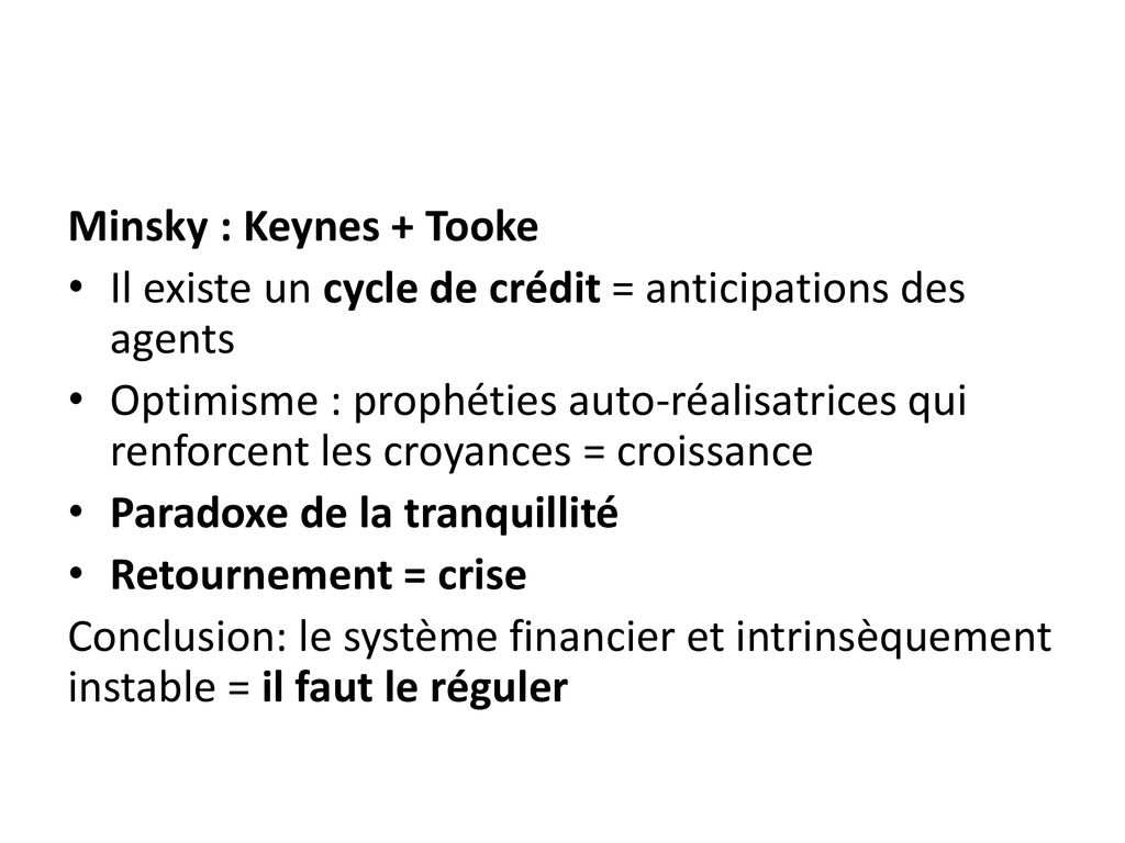 Minsky : Keynes + Tooke Il existe un cycle de crédit = anticipations des agents.