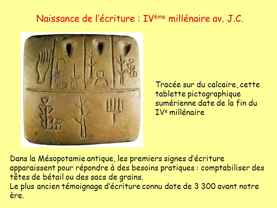 Naissance de l’écriture : IVème millénaire av. J.C.