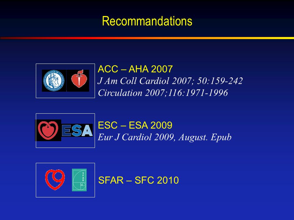 Recommandations ACC – AHA 2007 J Am Coll Cardiol 2007; 50: