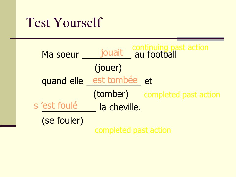Test Yourself jouait Ma soeur __________ au football (jouer)