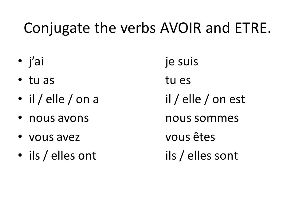 Conjugate the verbs AVOIR and ETRE.