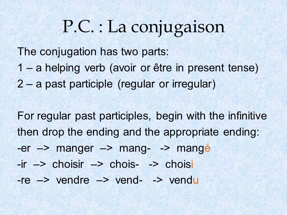 P.C. : La conjugaison The conjugation has two parts: