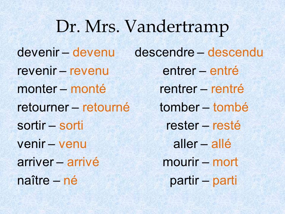 Dr. Mrs. Vandertramp devenir – devenu descendre – descendu