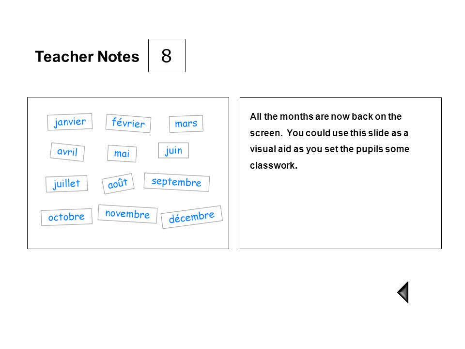 8 Teacher Notes. All the months are now back on the screen.