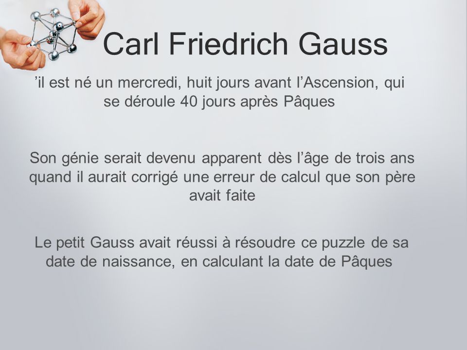 Carl Friedrich Gauss ’il est né un mercredi, huit jours avant l’Ascension, qui se déroule 40 jours après Pâques.