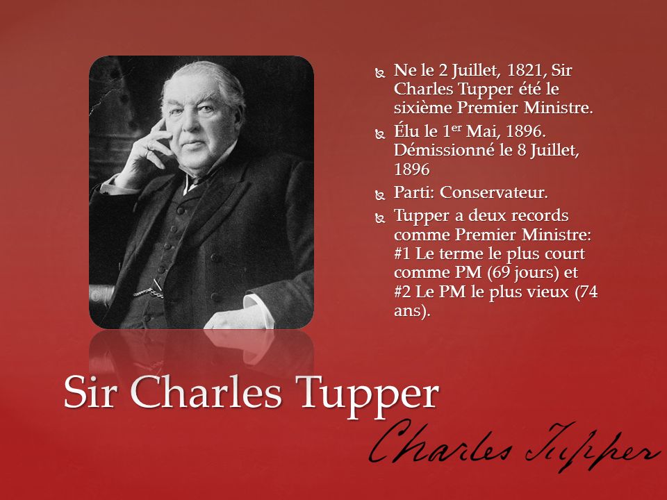 Ne le 2 Juillet, 1821, Sir Charles Tupper été le sixième Premier Ministre.