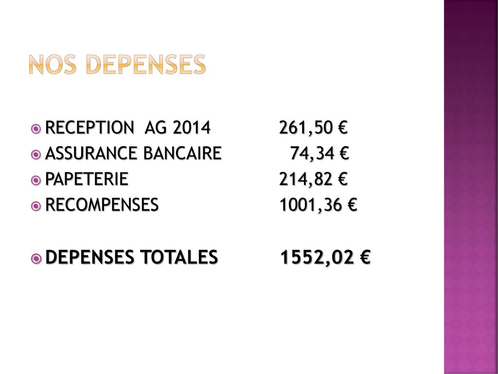 NOS DEPENSES DEPENSES TOTALES 1552,02 € RECEPTION AG ,50 €