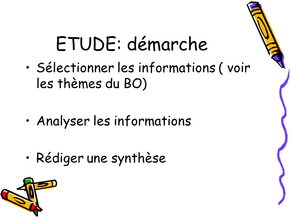 ETUDE: démarche Sélectionner les informations ( voir les thèmes du BO)