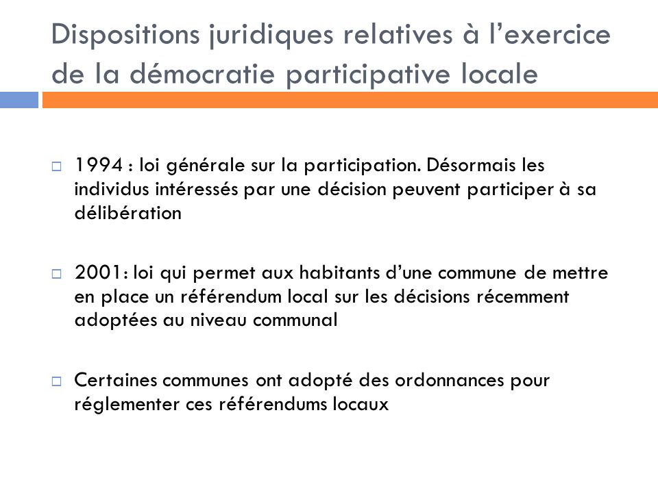 Dispositions juridiques relatives à l’exercice de la démocratie participative locale