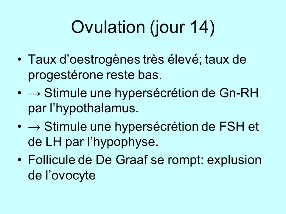 Ovulation (jour 14) Taux d’oestrogènes très élevé; taux de progestérone reste bas. → Stimule une hypersécrétion de Gn-RH par l’hypothalamus.