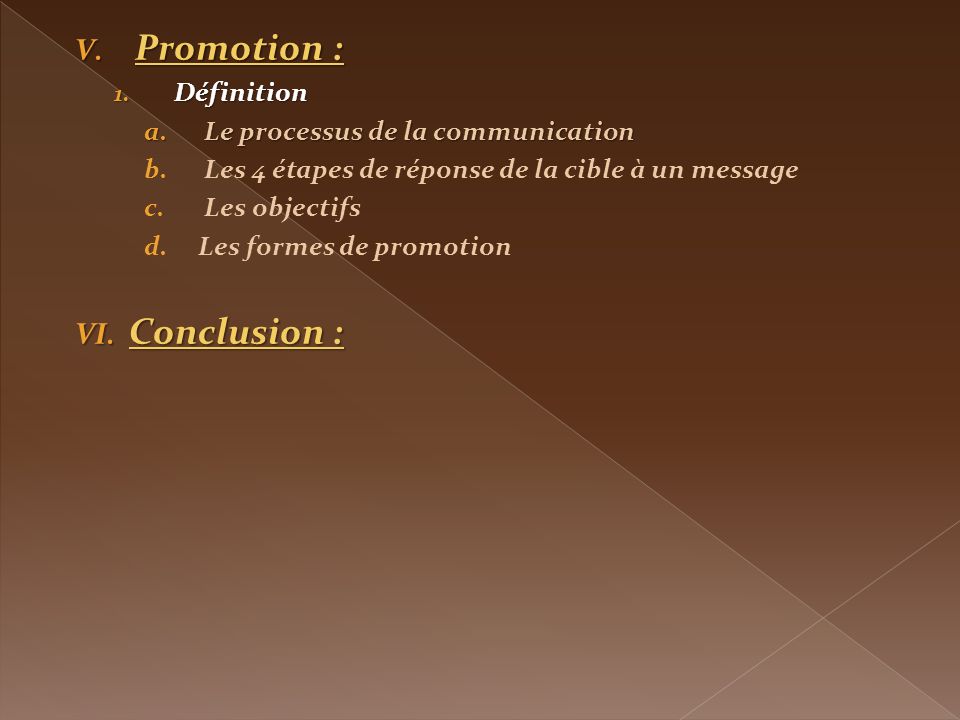 Promotion : Conclusion : Définition Le processus de la communication